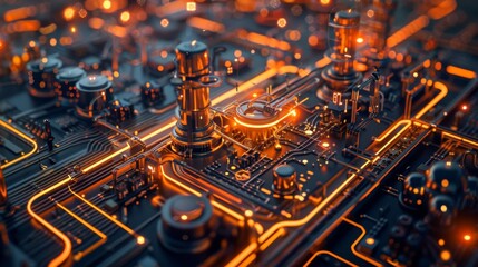 A network of circuit board lines and components forms a visually appealing representation of technological infrastructure.