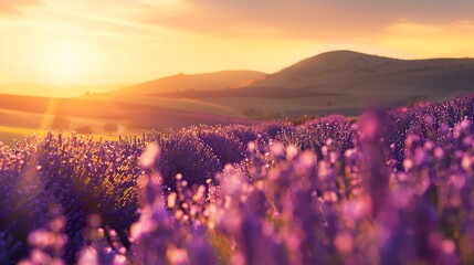 Wall Mural - A field of purple wildflowers bathed in the golden light of a setting sun.  The gentle hills in the background create a picturesque landscape.