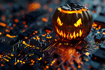cyber circuit background with glowing scary pumpkin lantern in tech illustration , spooky season on computer technology