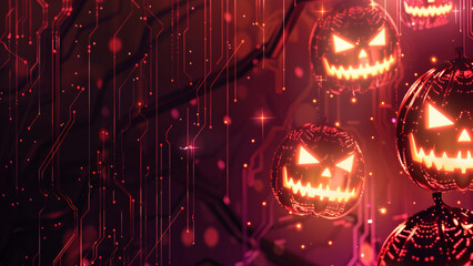 halloween spooky pumpkin lanterns on cyber space network abstract background 