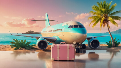 Airplane, suitcase, tropical island