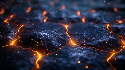 Wall Mural - A network of glowing cracks in a dark stone surface represents the flow of information through hidden pathways.