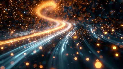 Wall Mural - A network of glowing dots streaks across a dark background, creating a sense of speed and movement.