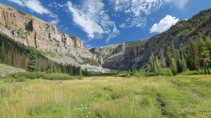 Wall Mural - a summertime hike leading through a valley bordered by towering cliffs each one marked with horizont