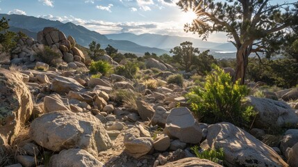 Wall Mural - the sun shines down on the boulder fields casting dramatic shadows and highlighting the different te