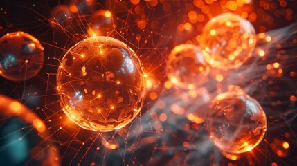 Wall Mural - A network of lines resembling DNA strands connects glowing orbs, representing the interconnectedness of biological information.