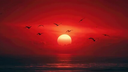 Wall Mural - group of birds fly over red ocean with large sun in background