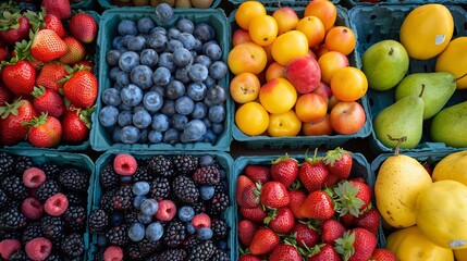 Wall Mural - Colorful Assortment of Fresh Fruits in Market Baskets Including Strawberries, Blueberries, Peaches, Pears, Blackberries, and Raspberries