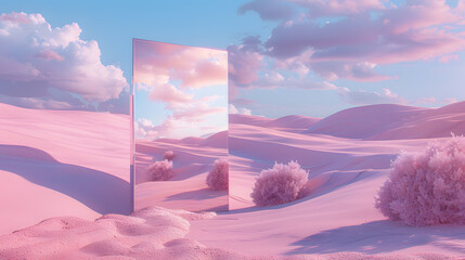 Wall Mural - Abstract factasy and realistic mirror in desert, background, futuristic