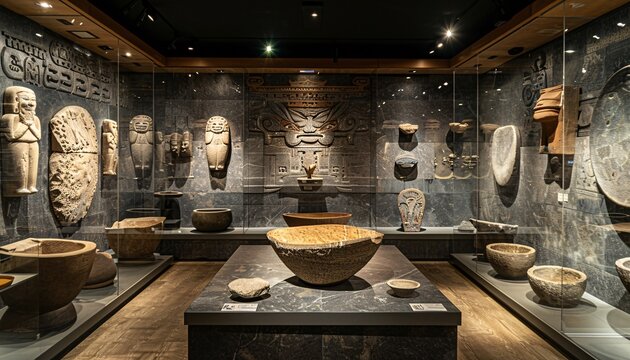Ancient Artifacts Display in Museum Exhibit Room with Stone Sculptures and Historical Relics