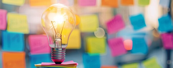 Wall Mural - Light Bulb Idea On Stack Of Sticky Notes.