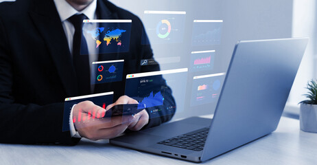 Fototapete - Financial business data analytics graph dashboard. Businessman using KPI dashboard. Management data System KPI connected in database for follow earnings,operations and sales data. 