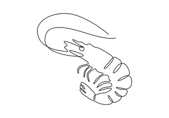 Wall Mural - Continuous one line drawing of fresh shrimp for seafood logo icon vector illustration. Pro vector