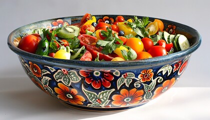 Colorful Fresh Vegetable and Fruit Salad in a Decorative Ceramic Bowl with Floral Patterns