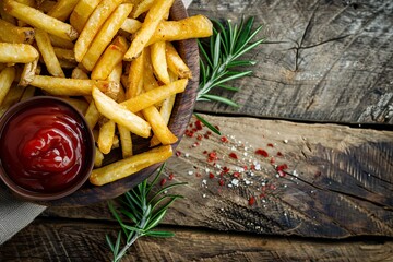 French Fries with Ketchup on top view