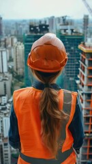 Sticker - Woman wearing orange vest and hard hat stands in front of city skyline