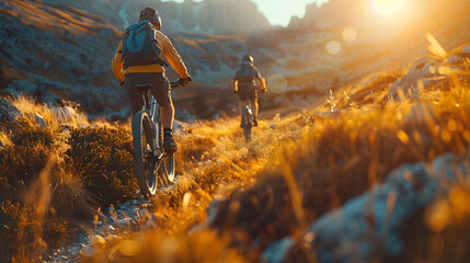 Canvas Print - mountain bike rides downhill in beautiful nature.
