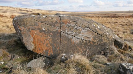 Wall Mural - an oddlyshaped boulder halfburied in the ground its exposed section revealing a network of deep fiss