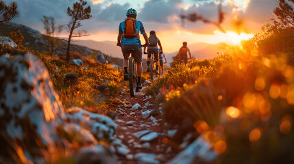 Canvas Print - mountain bike rides downhill in beautiful nature.
