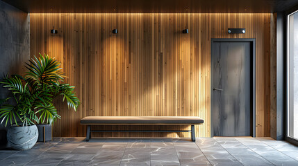 Wall Mural - Hall with bench against wooden 3D paneling wall