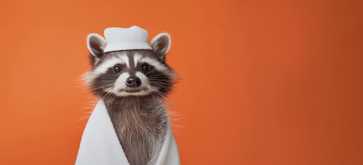 Wall Mural - A raccoon is wearing a towel and standing in front of an orange background. a beautiful, happy racoon, smiling, dressed in a white robe and a white towel on his head on a uniform orange background