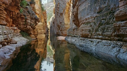 Wall Mural - a narrow waterway is bridged by a tall and sy rock formation creating a peaceful and scenic spot for