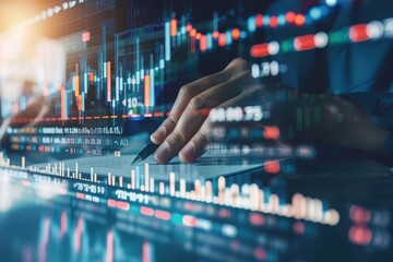 Poster - Close-up of a person's hand analyzing financial data on a digital screen with various financial charts and graphs.