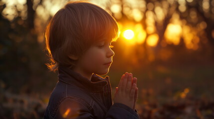 Wall Mural - 4 years old little boy brown hair praying with hands together at sunset