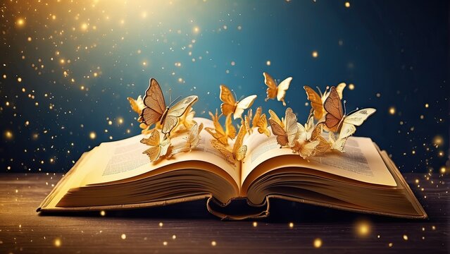 fairytale mystical open book with butterflies and golden sparkles wide banner design for headers with copy space area