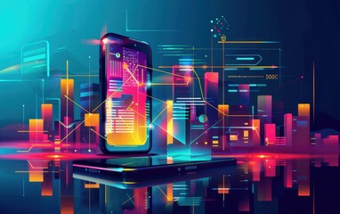 Aufkleber - Futuristic illustration of a smartphone with vibrant holographic interfaces, representing digital technology, innovation, and modern communication.
