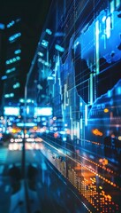 Fototapete - Futuristic digital cityscape with data visualization on glass panel, merging technology and urban landscape at night. Perfect for technology themes.