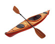 © Pornarun - A red kayak with a paddle resting on top, isolated on a black background.