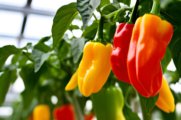 Poster - A cluster of red and yellow bell peppers hang from a green plant in a greenhouse setting. Some of the peppers are fully ripe, while others are still green.
