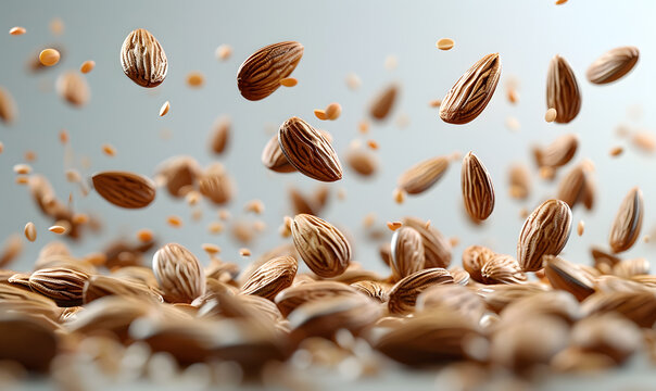 Almond nuts levitate isolated on a white background.
