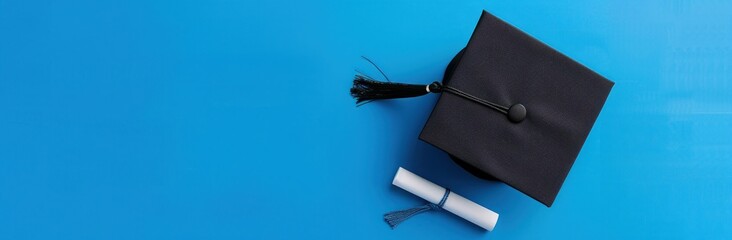 Wall Mural - Graduation cap and diploma on blue background with copy space for travel business beauty art concept