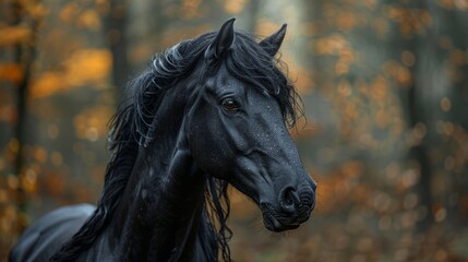 Wall Mural - Beautiful black horse posing in the forest during autumn