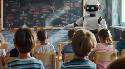 a robot is a teacher at a school for children, abstract illustration, a classroom with children and artificial intelligence—the concept of future training.
