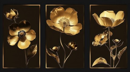 Wall Mural - golden floral art posters set luxurious metallic flower concept illustrations digital paintings