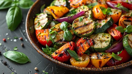 Wall Mural - Grilled vegetables including bell peppers and cherry tomatoes adorned with basil leaves on a plate
