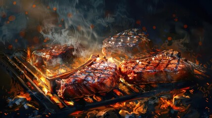juicy tbone steaks sizzling over hot coals smoky outdoor summer barbecue illustration digital painting