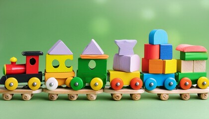 Colorful educational wooden toy train carrying blocks with numbers and geometric shapes on a soft green background. Ideal for concepts related to early childhood education, learning through play