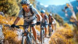 Three people mountain biking on a trail in a scenic outdoor setting