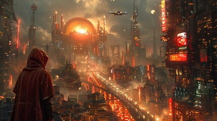 Wall Mural - man looking at a futuristic city at night