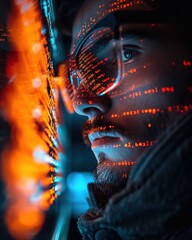 innovative workspace, close-up of a coder immersed in lines of code on a holographic screen