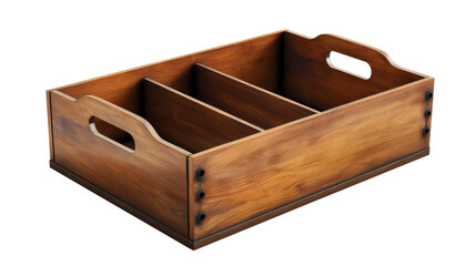 a wooden box with three dividers and two handles, perfect for storage or display. the box has a natu