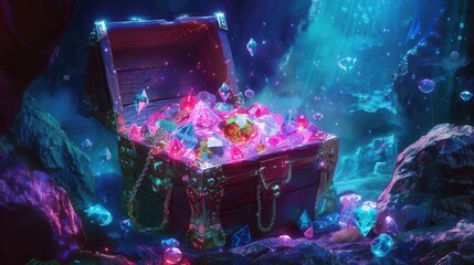 mysterious sunken treasure chest overflowing with glowing gems fantasy digital painting