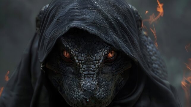 ominous reptilian demon cloaked in black hood dark fantasy digital illustration