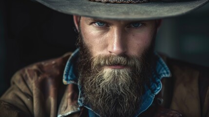 Poster - Stylish Men Wearing Hats Portrait of a Handsome Caucasian Man with a Beard in Cowboy Style