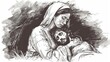 © Bijac - poignant moment of the sixth sorrow as mary tenderly cradles jesus after his descent from the cross capturing the depth of a mothers love and grief sketch vector illustration