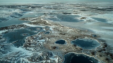 Wall Mural - a frozen tundra landscape with small patches of melt ponds creating a surreal and otherworldly scene